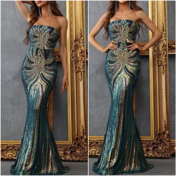 Luxe Sequin Strapless Zipper Formal Evening Party Prom Wedding Dress - Picture 7 of 12